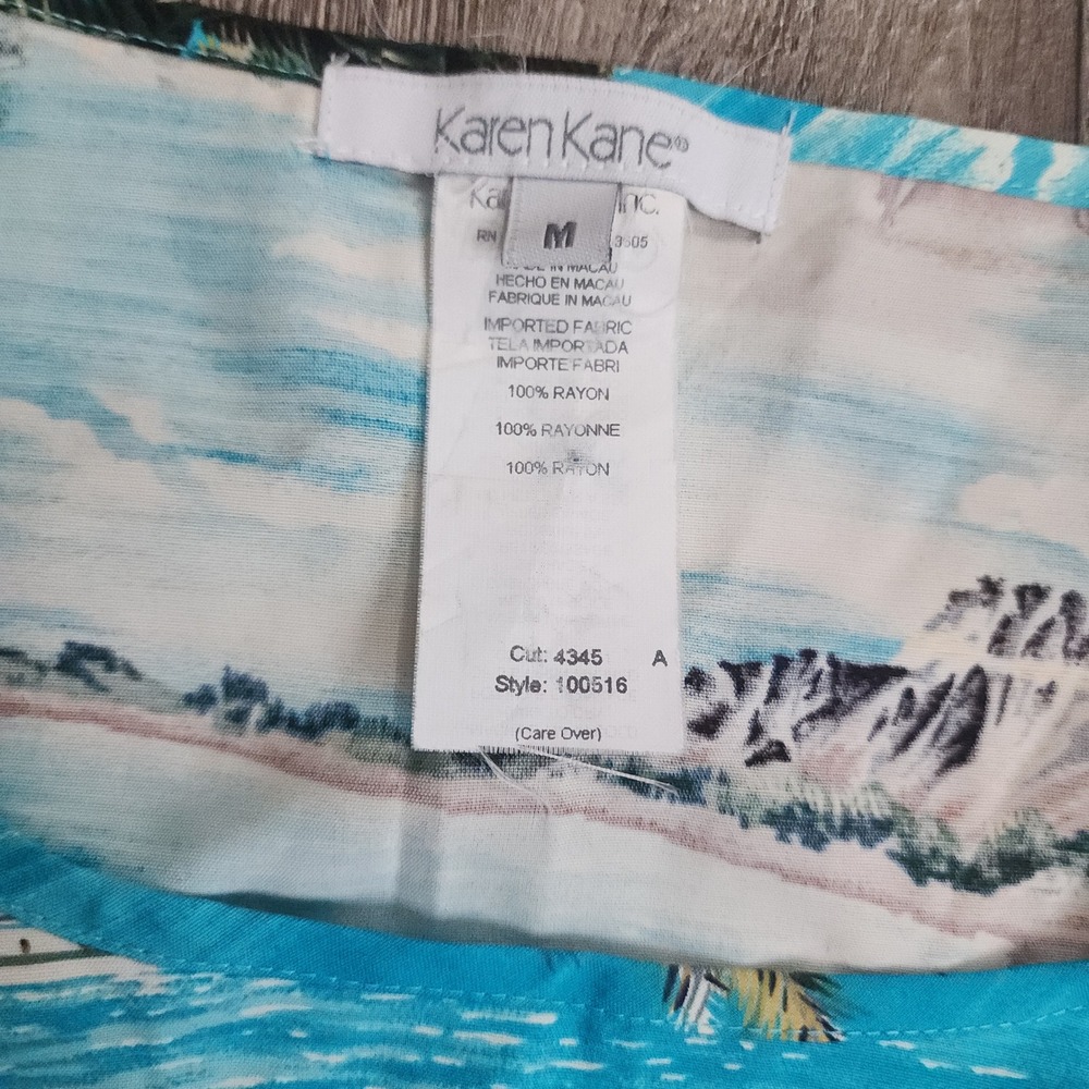 Karen Kane Maxi Dress Womens Medium Blue Tropical Hawaiian Beach Scene Rayon - Picture 2 of 7